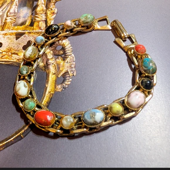 Vintage Art Glass Cabochon Heavy Chain Bracelet - Picture 4 of 7